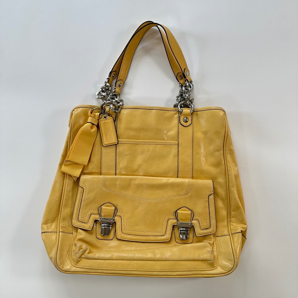 Coach Yellow Leather Tote Bag Silver Chain Strap Front Pocket Flap Closure - Picture 8 of 8